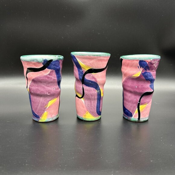 Art Pottery Tumblers Cups Redware Abstract Colorful Signed KE Handmade Painted - Picture 3 of 11